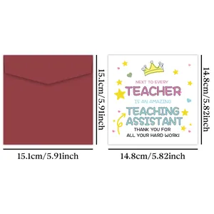Teaching assistant thank you card set with envelope featuring stars and crown decorations