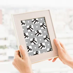 Minimalist cream-colored frame with hand-drawn bow and checkerboard pattern background