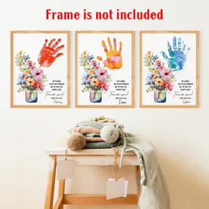Dreiteiliges Set Aquarell-Blumenposter mit Handabdrücken für Lehrer-Dankeschön-Dekor