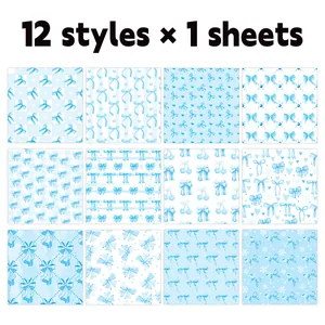 Detail view of 12 blue decorative scrapbooking paper patterns with bows and cherries