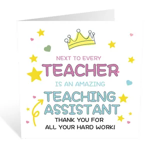 Detail of greeting card for Teaching Assistant with colorful stars and crown design