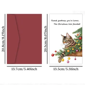 Funny cat Christmas card detail with dimensions and humorous fainting tree text