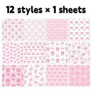 Grid view of 12 patterns including watercolor bows, cherries and pink checkerboard paper