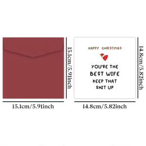 Detailed size view of square Christmas card with red heart and burgundy envelope
