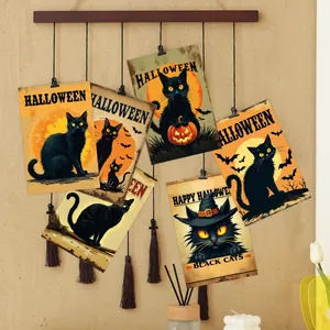 Set of vintage Halloween black cat postcards for spooky wall decor and party styling
