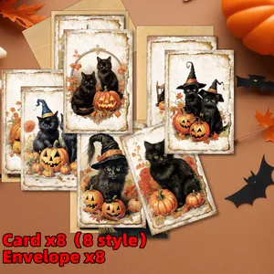 Vintage Halloween Wenskaarten Met Enveloppen Zwarte Kat Pompoen Uil Tovernaarshoed Illustratie Feestdecoratie Briefkaarten