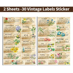 Vintage botanical stickers set with 30 retro floral labels and definitions on two sheets