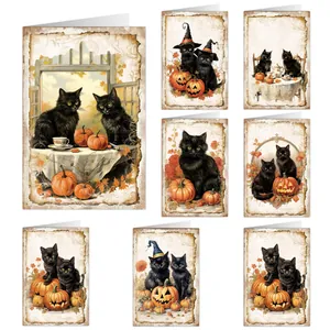 Set van 8 vintage Halloween wenskaarten met zwarte katten en oranje pompoenen