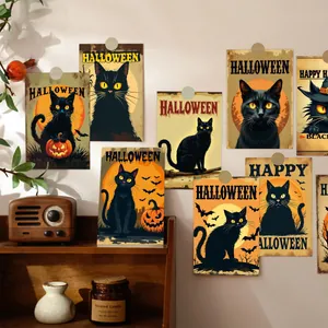 Halloween Black Cat Postcards Vintage Retro Wall Art Decoration Cards For Holiday Party Home Wall Decor With Pumpkin Bat Moon Patterns