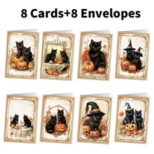 Set van 8 vintage Halloween wenskaarten met zwarte katten en pompoen illustraties