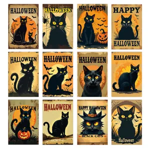 Set of 12 vintage Halloween black cat postcards for wall decor with spooky party motifs