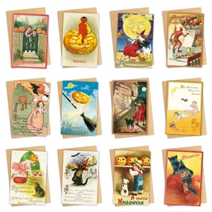 Lot de 12 cartes d'Halloween vintage avec motifs de citrouilles et enveloppes kraft