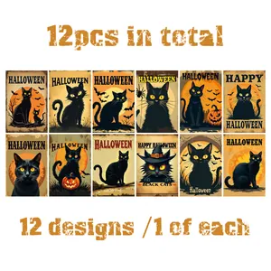 Set of 12 vintage Halloween black cat decorative postcards for party wall decor