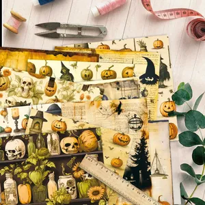 12 Blatt Vintage Halloween Bastelpapier mit Kürbis- und Hexenmotiven für Scrapbooking