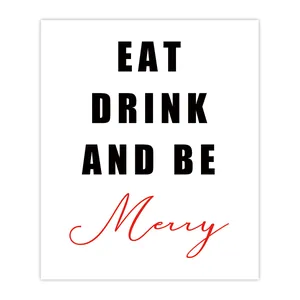 Detail van waterbestendig kerstetiket voor wijnfles met de tekst Eat Drink Merry