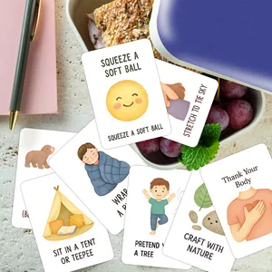 Vue détaillée des cartes de pleine conscience avec illustrations douces et textes en anglais
