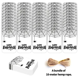 Halloween Paper Gift Tags With Hemp Rope Cartoon Spider Web Pumpkin Ghost Pattern Festive Party Label Decor Hanging Tags