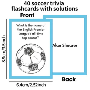 Detailed view of 40 football trivia cards with dimensions 8.9cm x 6.4cm for party games