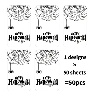 50pcs Halloween paper tags with spider web print and Happy Halloween greeting for gift bags