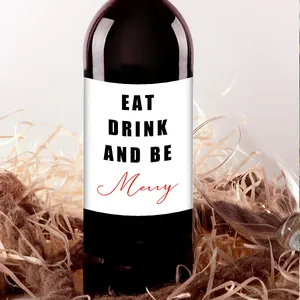 Detail van waterdichte 'Eat Drink and Be Merry' kerststickers voor wijnflesetiketten