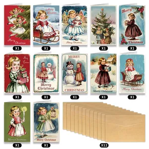 Set of 12 vintage Christmas cards with Santa, snowmen, and envelopes in retro style