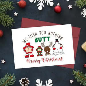 Funny Christmas card with 'Nothing Butt' pun, red envelope and festive props on blue background