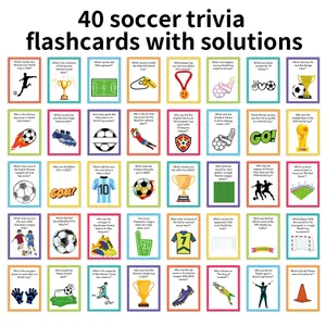 Flat lay of 40 colorful soccer trivia flashcards with football facts for party games