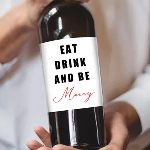 Detail van Eat Drink and Be Merry waterdichte wijnflesetiket sticker voor Kerstmis