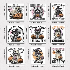 9-piece Halloween UV DTF transfer stickers featuring cute cartoon raccoons and pumpkins
