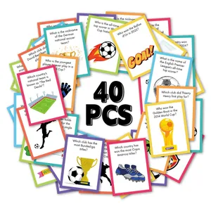 Macro detail of 40 soccer trivia cards with colorful borders and fun football illustrations