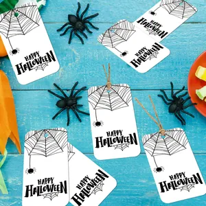 50 Halloween gift tags with spider web design and twine for festive candy bag packaging