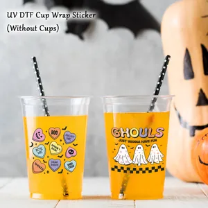 Adesivi per trasferimento UV DTF di Halloween con fantasmi e cuori pastello per tazze