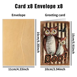 Detail van 8 Halloween-kaarten met uilen en vleermuizen en 8 kraftpapier enveloppen