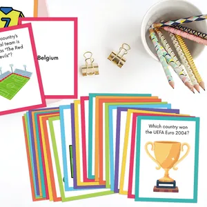 Set of 40 colorful soccer trivia flashcards with football quiz questions for party games