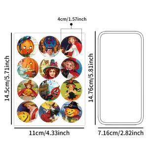 Lot de stickers Halloween vintage citrouilles et chats, étiquettes rondes de 4 cm