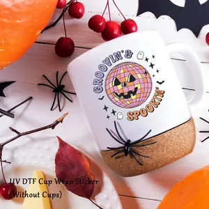 Adesivo UV DTF di Halloween con zucca disco rosa per bicchieri e tazze in vetro