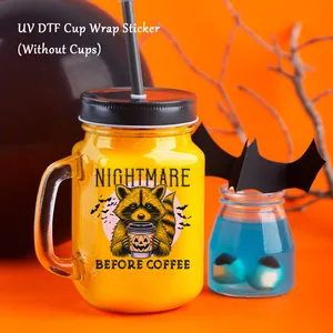 Halloween UV DTF sticker with raccoon on a yellow mason jar against orange background