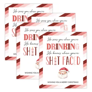 Set van 4 waterdichte kerstwijnflesetiketten met feestelijke strepen en kerstmanmotieven