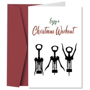 Funny Christmas workout greeting card with red wine openers and a dark red envelope
