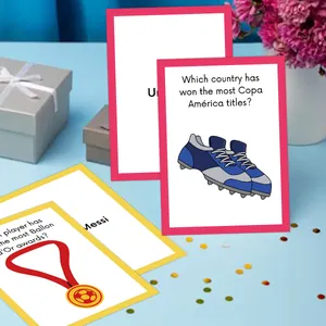 Educational football trivia game cards set with quiz questions for parties and events