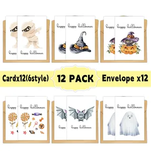 Halloween Greeting Cards Envelopes Set Watercolor Hand Painted Cartoon Black Cat Pumpkin Ghost Pattern For Party Invitation Gift
