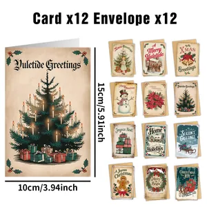 Set of 12 vintage Christmas cards with envelopes showing 10x15cm size specifications