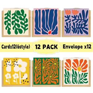 Dettaglio di 12 biglietti stile Matisse con motivi floreali colorati e buste kraft