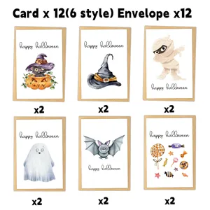 Set of 12 Halloween cards with 6 designs featuring watercolor black cats and pumpkins