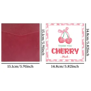 Carte de remerciement cerise carrée avec enveloppe rouge et dessin de cerises
