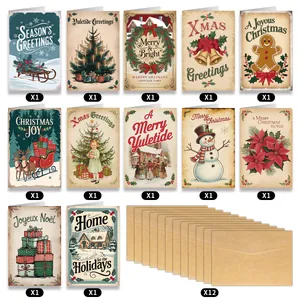 Detailed set of 12 vintage Christmas cards with festive illustrations and kraft envelopes