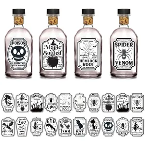 Set de 20 etiquetas vintage de boticario para Halloween con calaveras y brujas