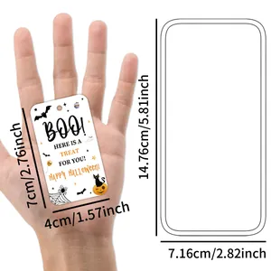 Detail view showing Halloween paper tags with 4cm by 7cm dimensions and storage box