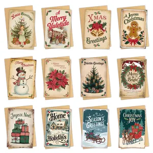 Detailed 12-grid layout of vintage Christmas cards with festive patterns and kraft envelopes