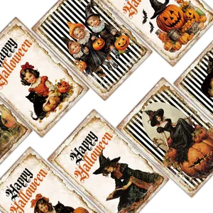 Detail van vintage Halloween-kaarten met retro illustraties van heksen en zwarte katten